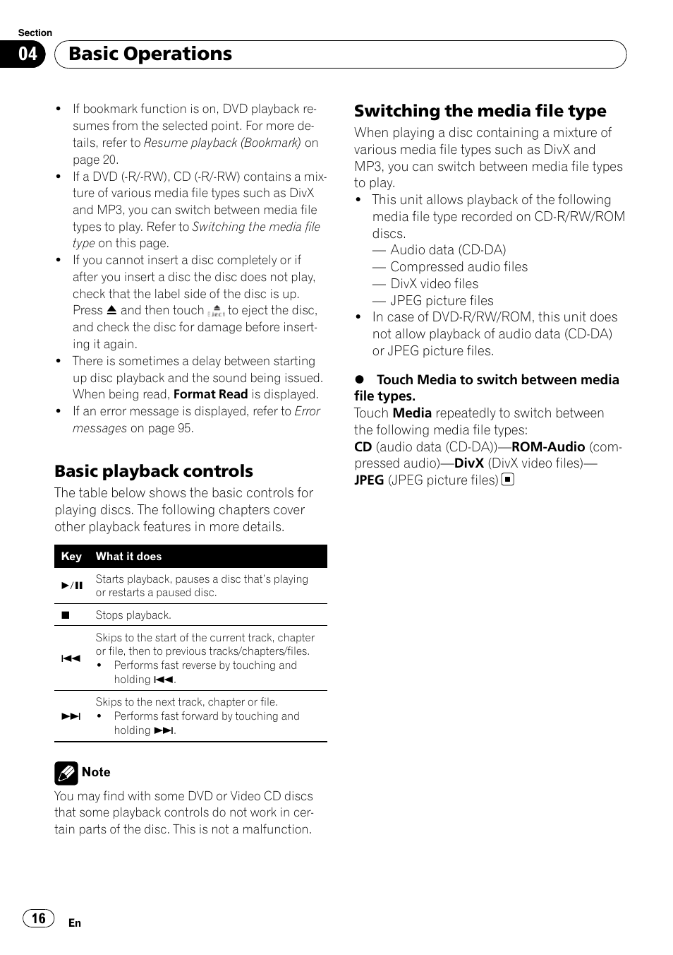 Basic operations, Basic playback controls, Switching the media file type | Pioneer AVH-P4100DVD User Manual | Page 16 / 116