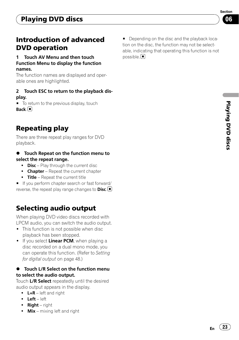 Introduction of advanced dvd operation, Repeating play, Selecting audio output | Playing dvd discs | Pioneer AVH-P4100DVD User Manual | Page 23 / 116