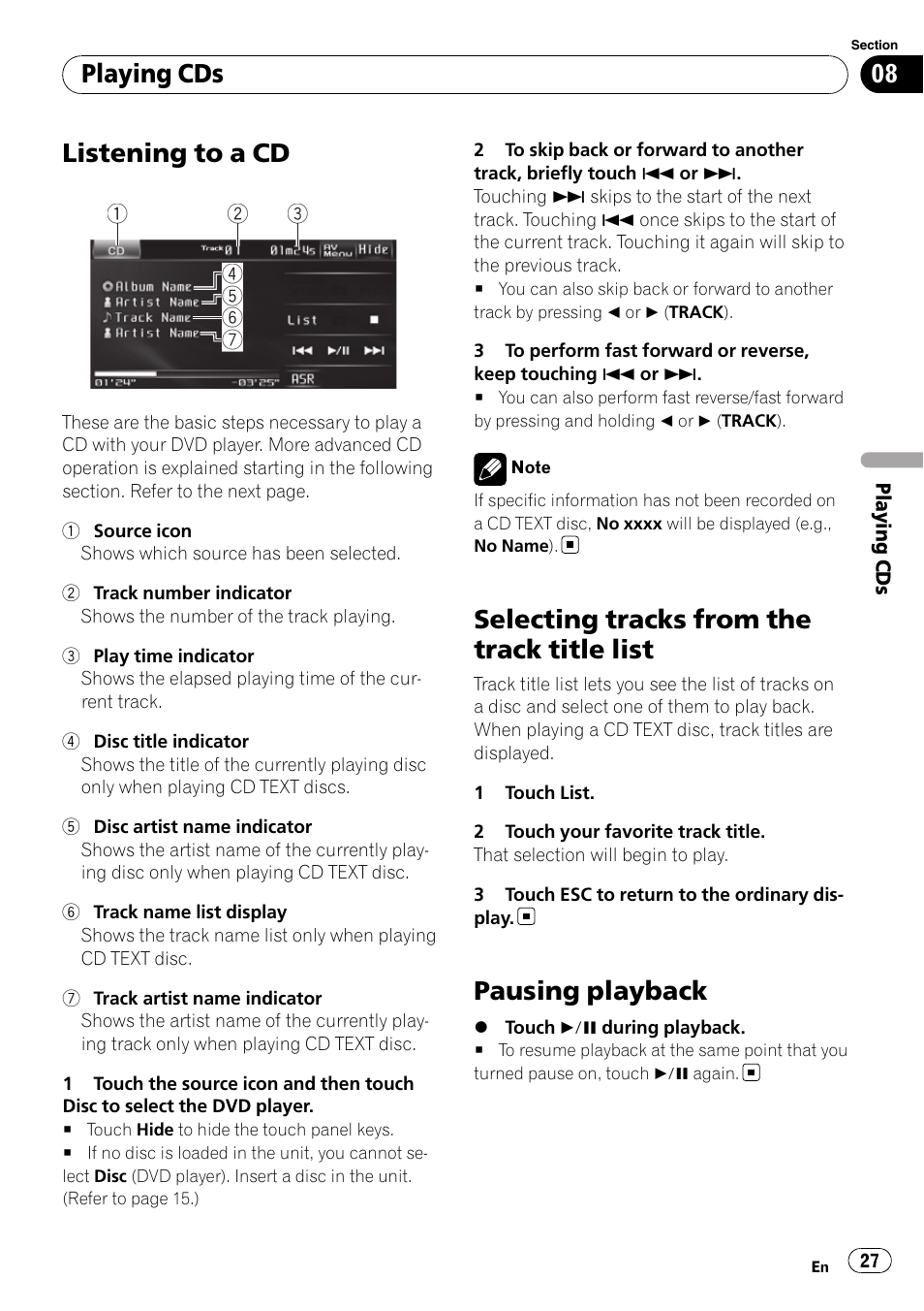 Playing cds listening to a cd, Selecting tracks from the track title list, Pausing playback | Listening to a cd, Playing cds | Pioneer AVH-P4100DVD User Manual | Page 27 / 116