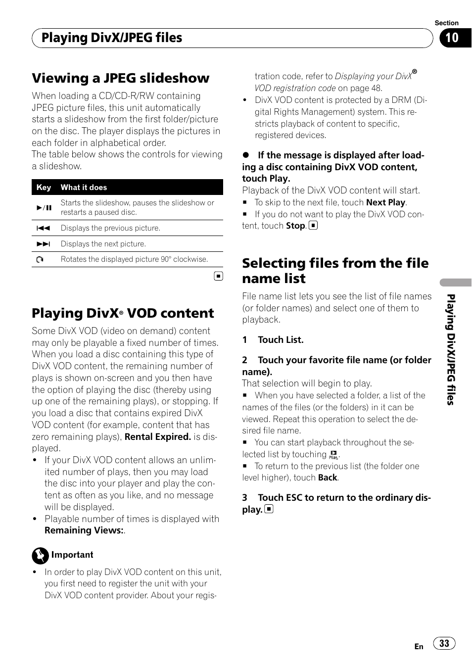 Viewing a jpeg slideshow, Playing divx® vod content, Selecting files from the file name list | Playing divx, Vod content, Playing divx/jpeg files | Pioneer AVH-P4100DVD User Manual | Page 33 / 116