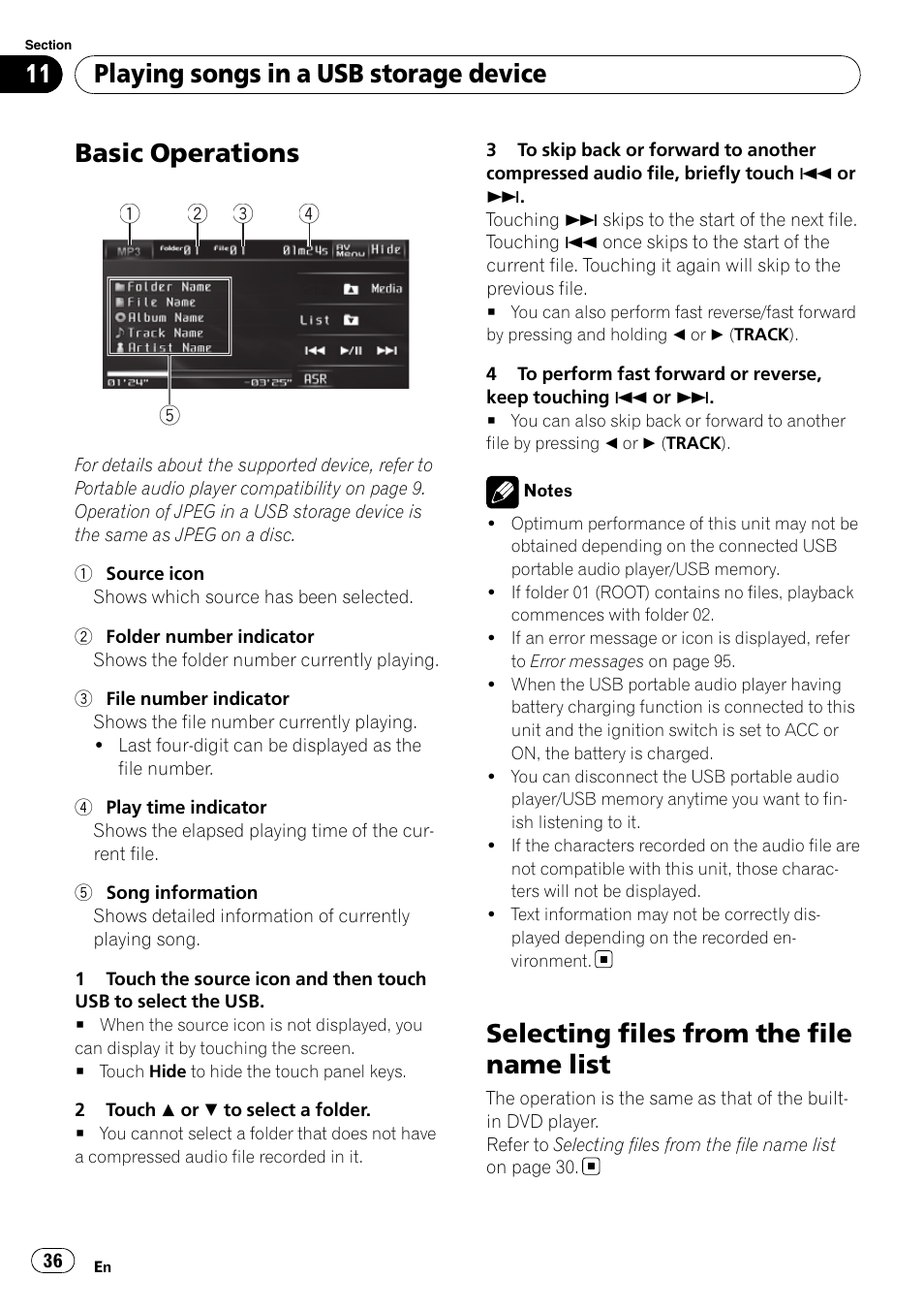 Selecting files from the file name list, Basic operations, Playing songs in a usb storage device | Pioneer AVH-P4100DVD User Manual | Page 36 / 116