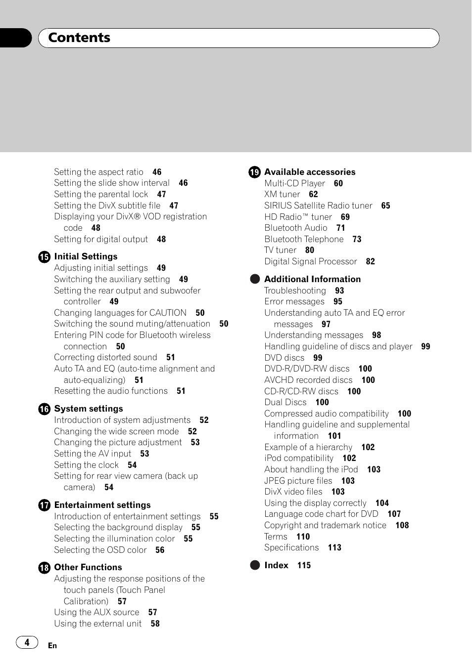 Pioneer AVH-P4100DVD User Manual | Page 4 / 116