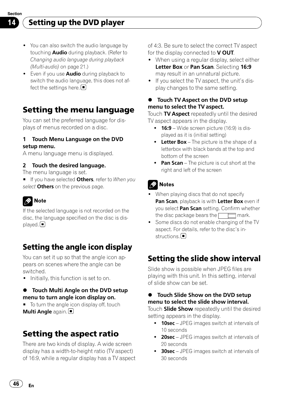 Setting the menu language, Setting the angle icon display, Setting the aspect ratio | Setting the slide show interval, Setting the, Setting up the dvd player | Pioneer AVH-P4100DVD User Manual | Page 46 / 116
