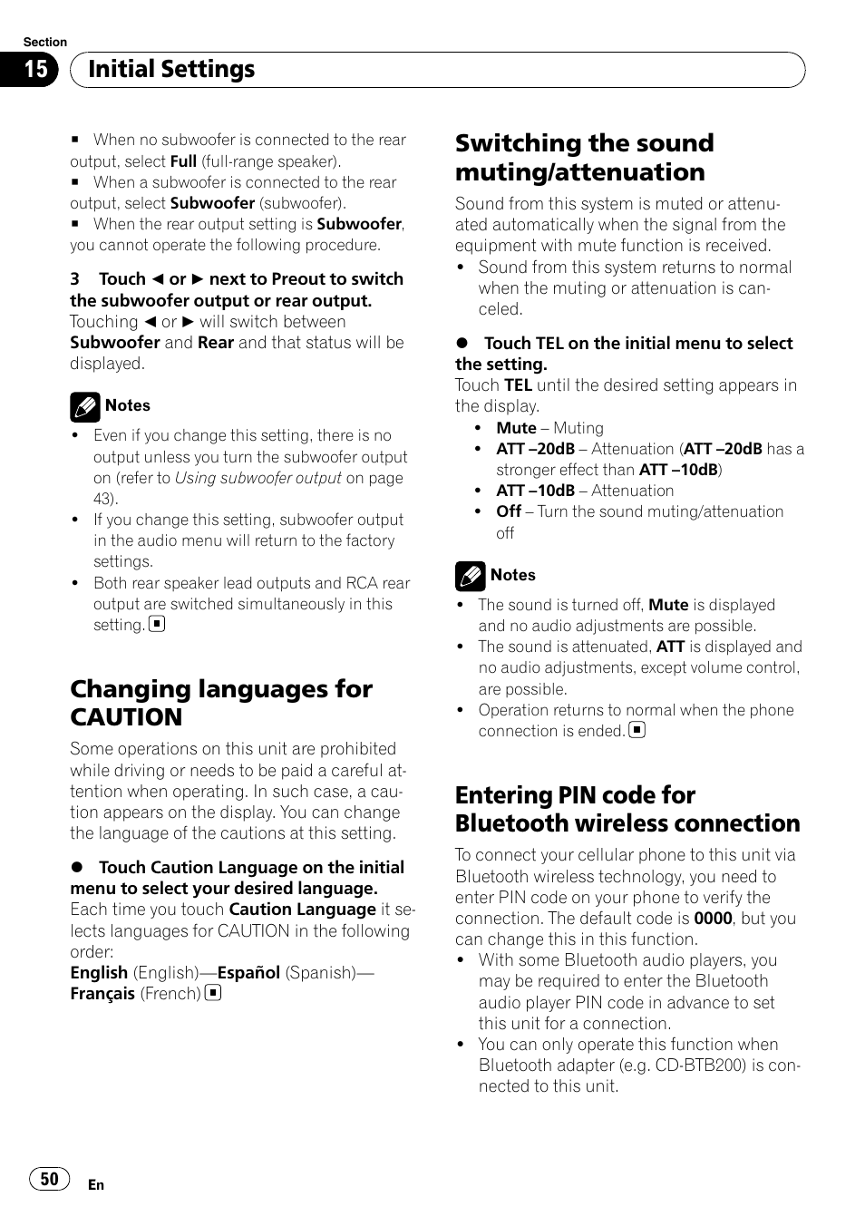 Changing languages for caution, Switching the sound muting/attenuation, Entering pin code for bluetooth wireless | Connection, Initial settings | Pioneer AVH-P4100DVD User Manual | Page 50 / 116