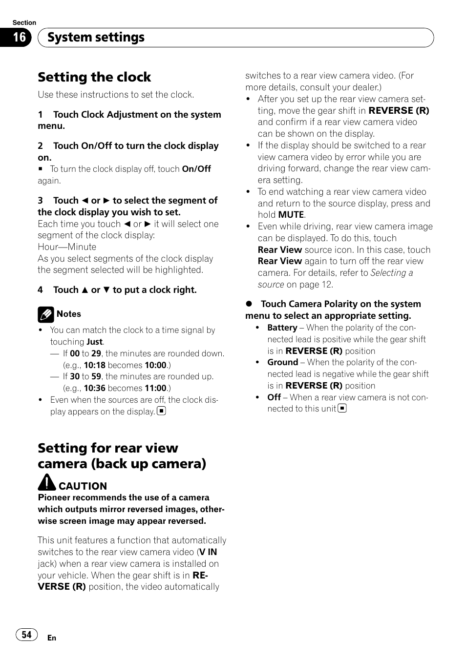 Setting the clock, Setting for rear view camera (back up, Camera) | Setting for rear view camera (back up camera), System settings | Pioneer AVH-P4100DVD User Manual | Page 54 / 116