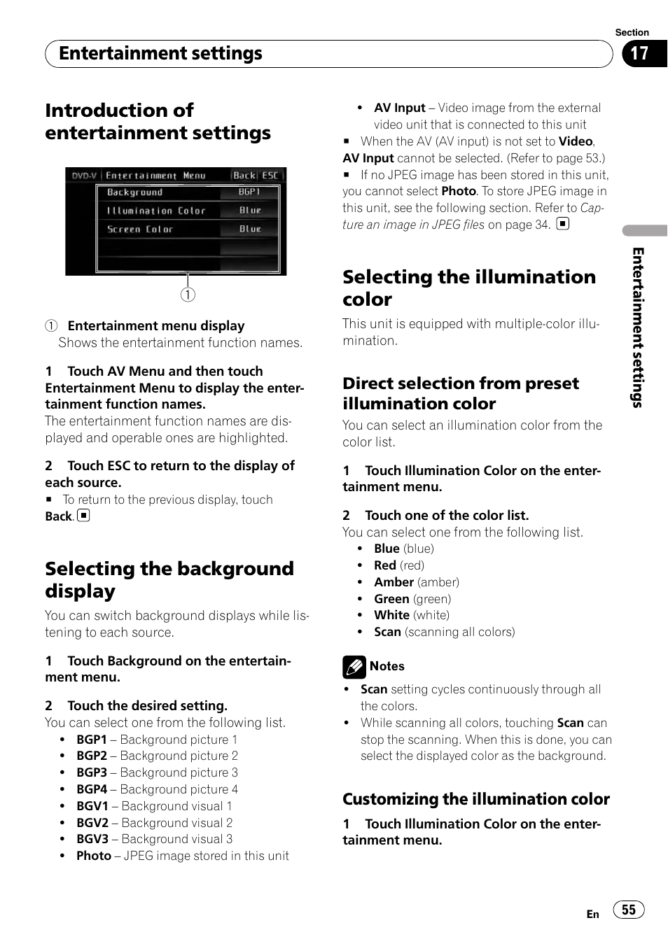 Selecting the background display, Selecting the illumination color, Introduction of entertainment settings | Entertainment settings | Pioneer AVH-P4100DVD User Manual | Page 55 / 116