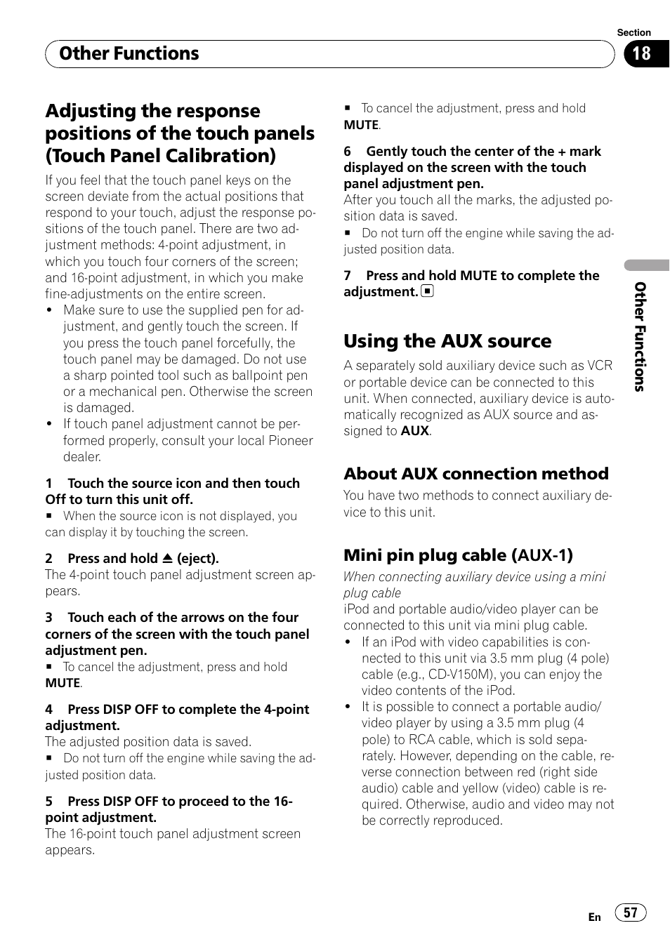 Touch panels (touch panel calibration), Using the aux source, Other functions | Pioneer AVH-P4100DVD User Manual | Page 57 / 116