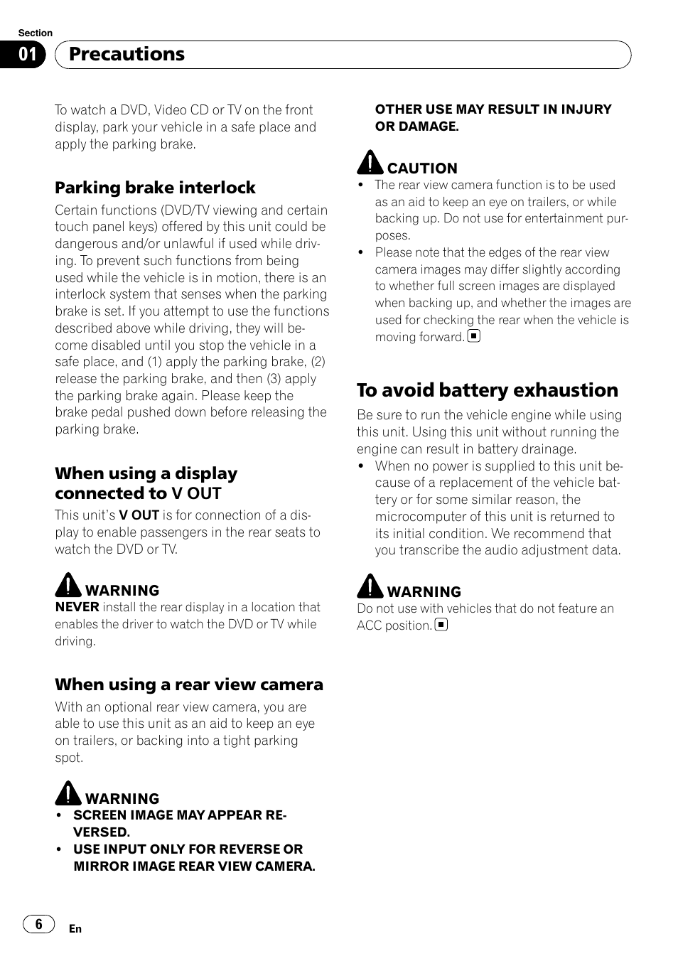 To avoid battery exhaustion, Precautions | Pioneer AVH-P4100DVD User Manual | Page 6 / 116