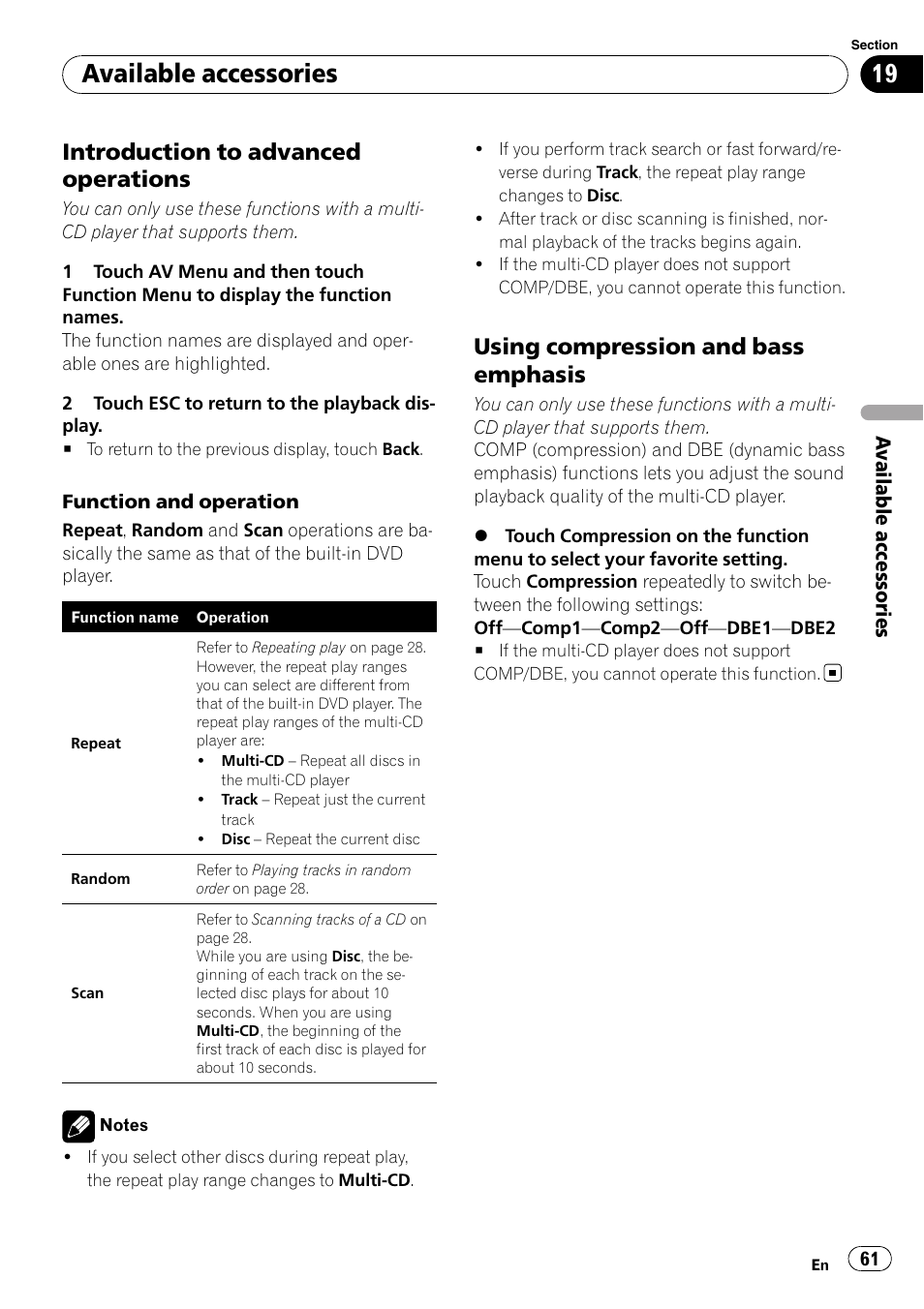 Available accessories, Introduction to advanced operations, Using compression and bass emphasis | Pioneer AVH-P4100DVD User Manual | Page 61 / 116