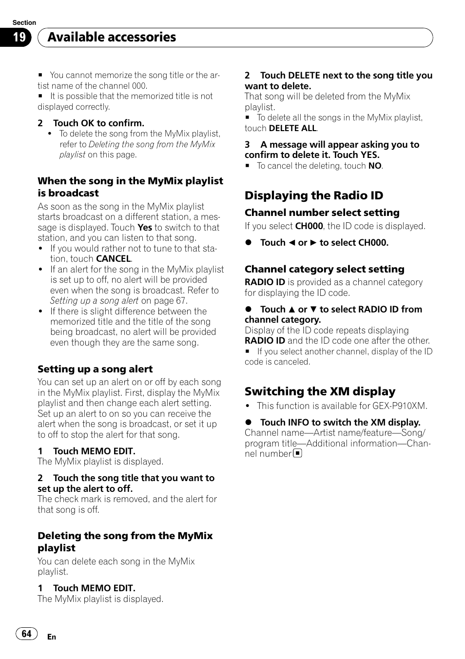 Available accessories, Displaying the radio id, Switching the xm display | Pioneer AVH-P4100DVD User Manual | Page 64 / 116