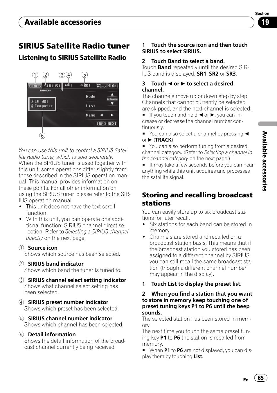 Sirius satellite radio tuner, Available accessories | Pioneer AVH-P4100DVD User Manual | Page 65 / 116