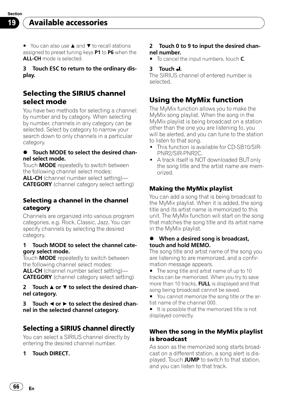 Available accessories, Selecting the sirius channel select mode, Selecting a sirius channel directly | Using the mymix function | Pioneer AVH-P4100DVD User Manual | Page 66 / 116