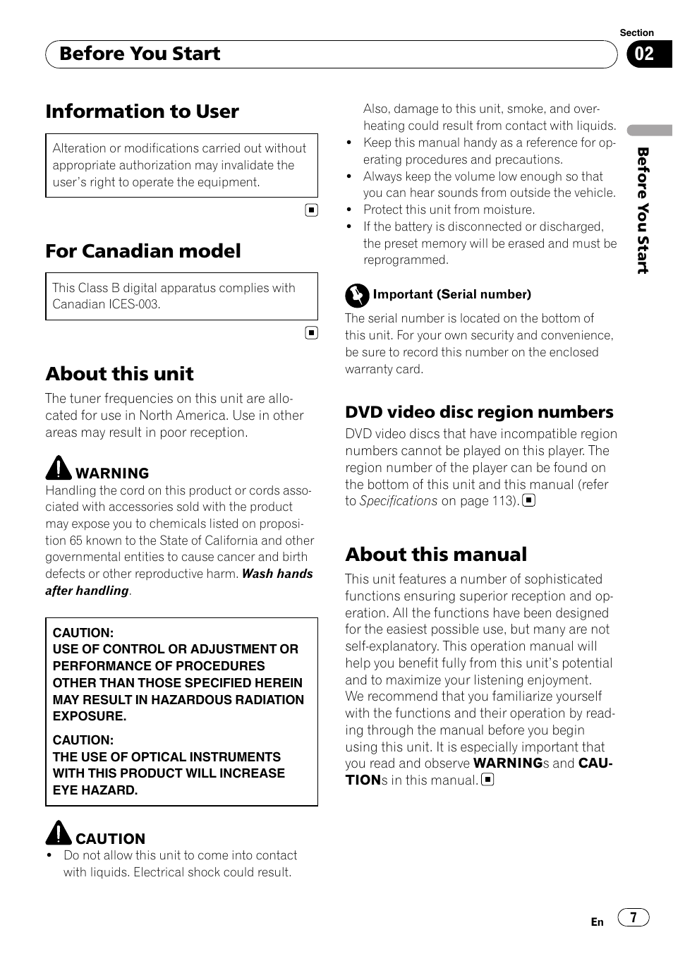 Dvd video disc region numbers 7, Before you start information to user, For canadian model | About this unit, About this manual, Information to user, Before you start | Pioneer AVH-P4100DVD User Manual | Page 7 / 116