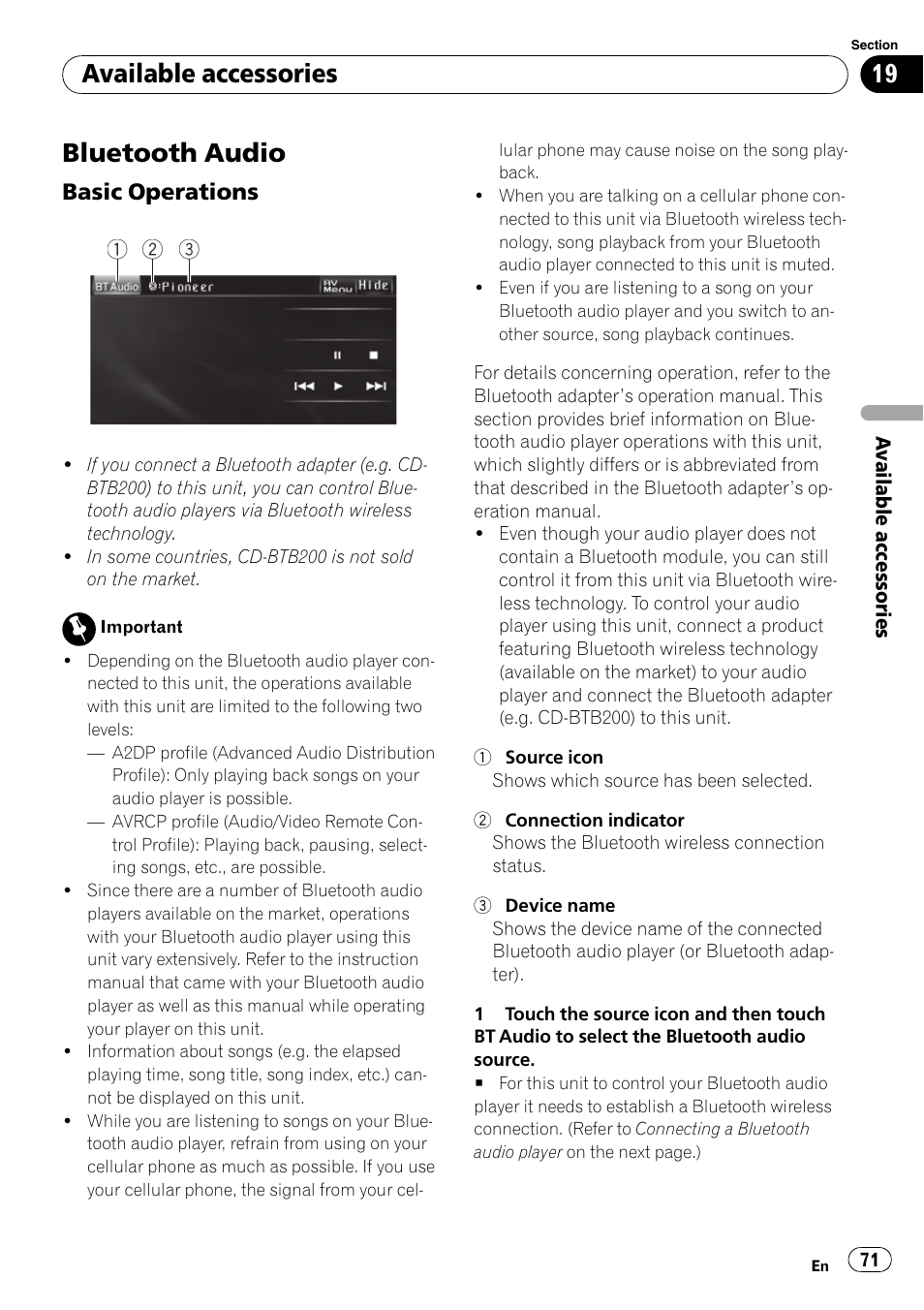 Bluetooth audio, Available accessories | Pioneer AVH-P4100DVD User Manual | Page 71 / 116