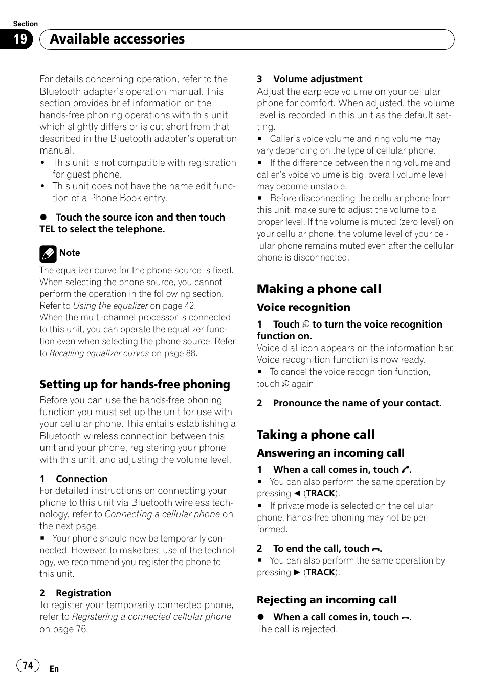 Available accessories, Setting up for hands-free phoning, Making a phone call | Taking a phone call | Pioneer AVH-P4100DVD User Manual | Page 74 / 116