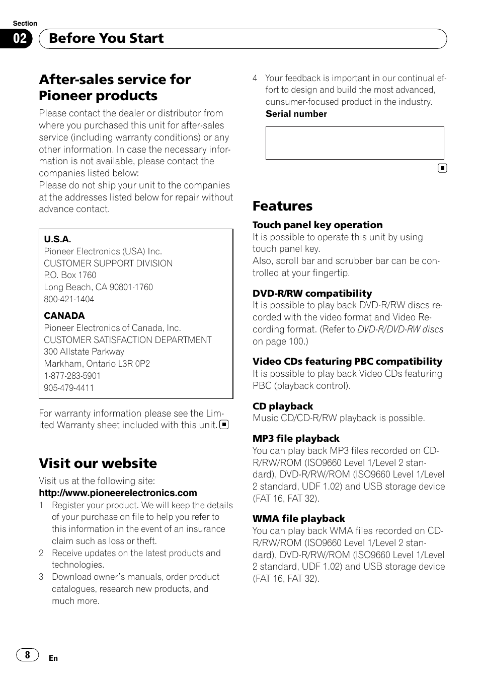After-sales service for pioneer products, Visit our website, Features | Before you start | Pioneer AVH-P4100DVD User Manual | Page 8 / 116