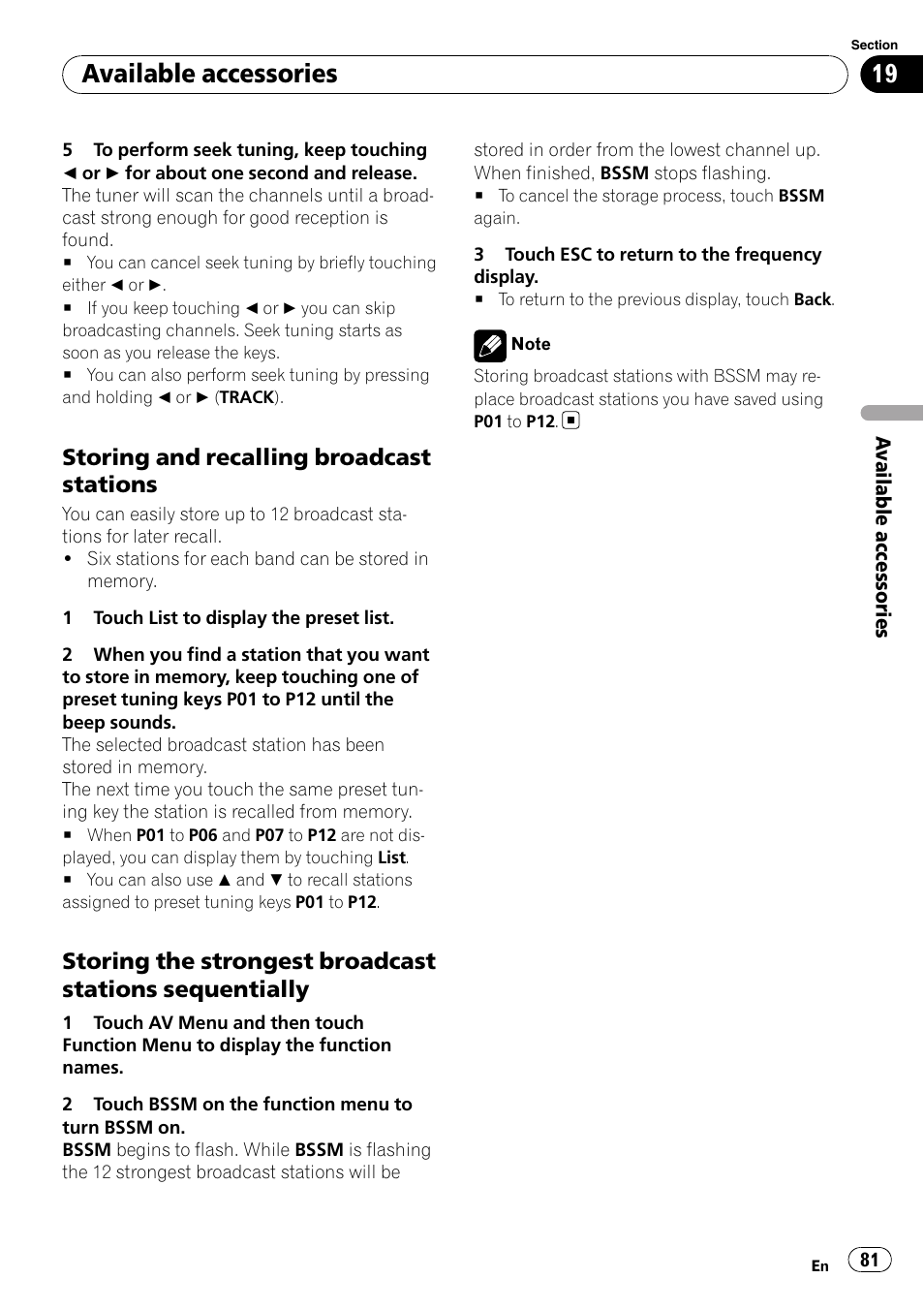 Available accessories, Storing and recalling broadcast stations | Pioneer AVH-P4100DVD User Manual | Page 81 / 116