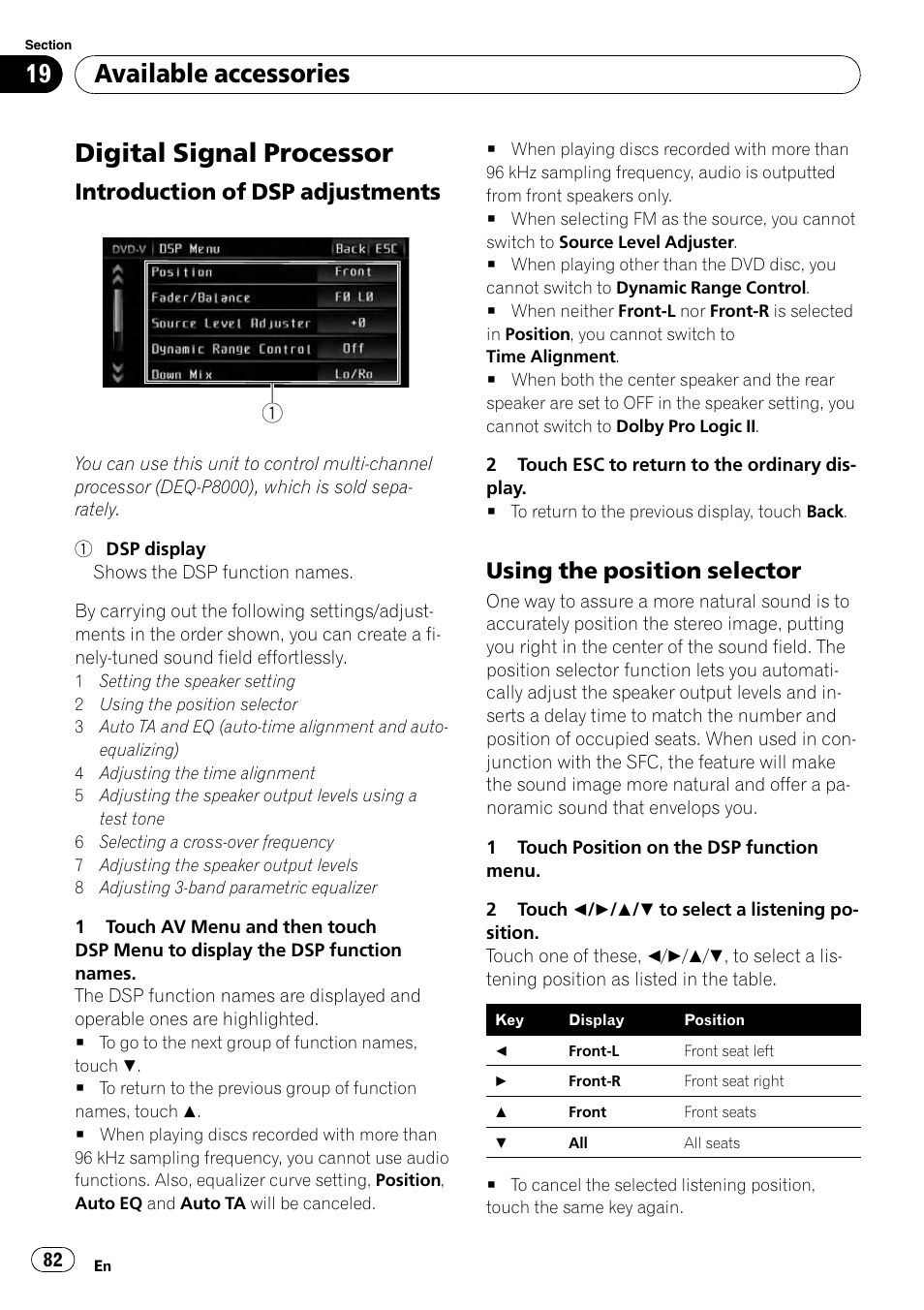 Digital signal processor, Available accessories, Introduction of dsp adjustments | Using the position selector | Pioneer AVH-P4100DVD User Manual | Page 82 / 116