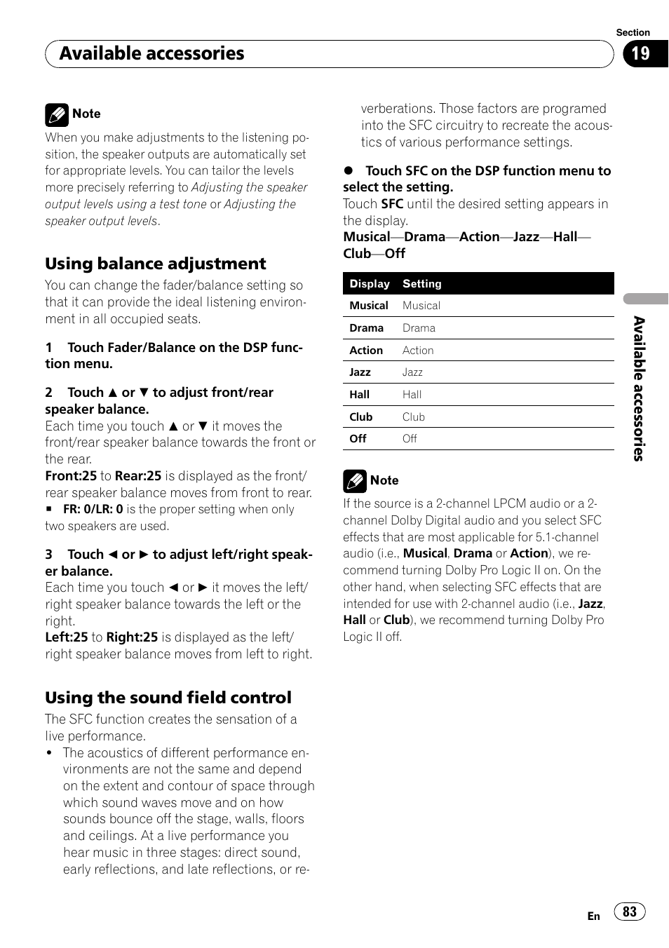 Available accessories, Using balance adjustment, Using the sound field control | Pioneer AVH-P4100DVD User Manual | Page 83 / 116