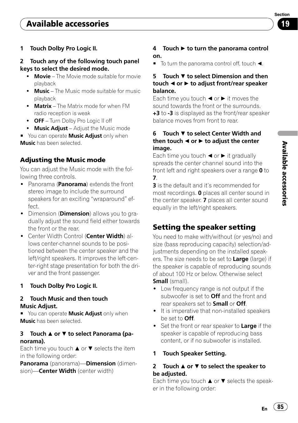 Setting the speaker setting, Available accessories | Pioneer AVH-P4100DVD User Manual | Page 85 / 116