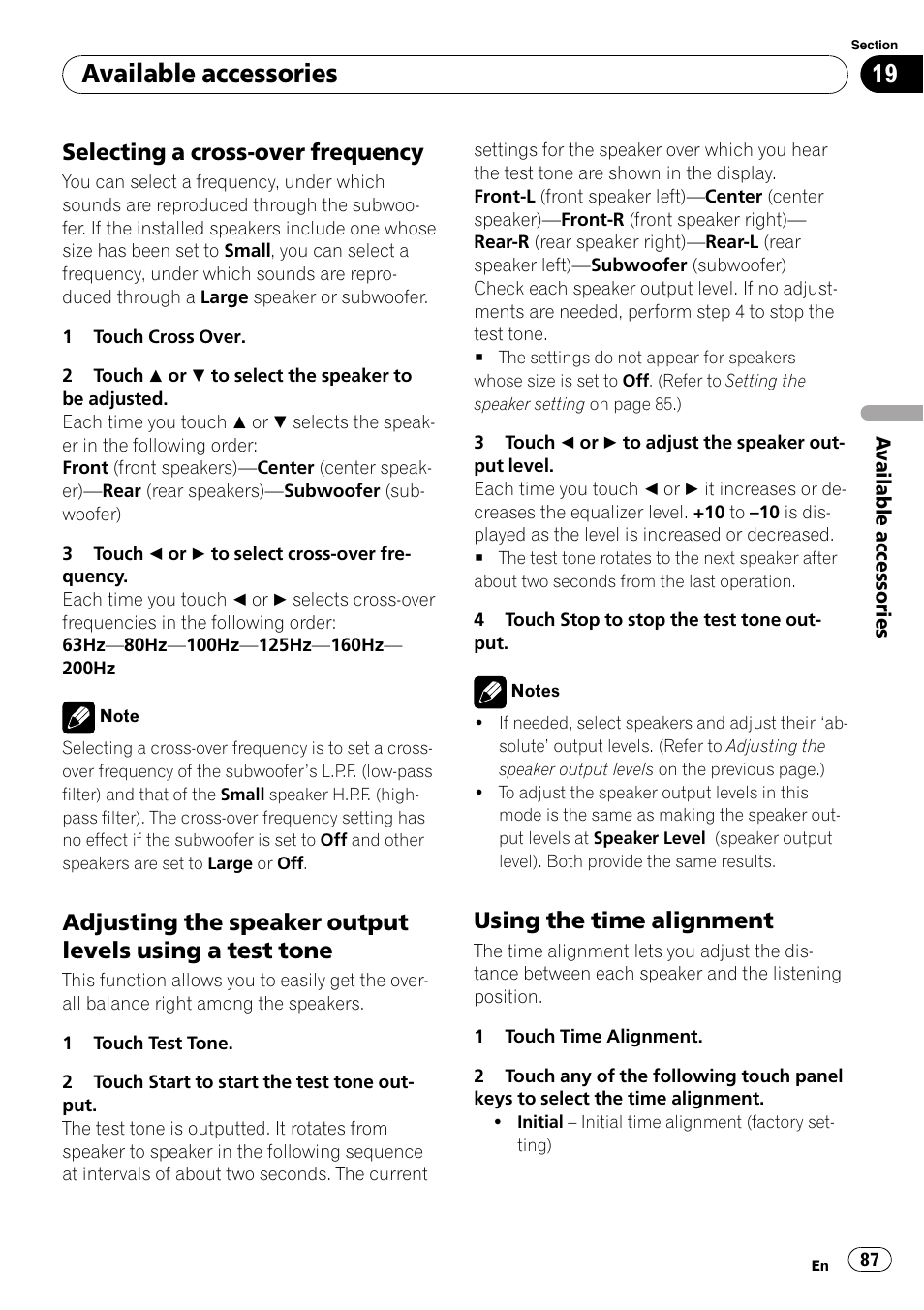 Selecting a cross-over frequency, Available accessories, Using the time alignment | Pioneer AVH-P4100DVD User Manual | Page 87 / 116