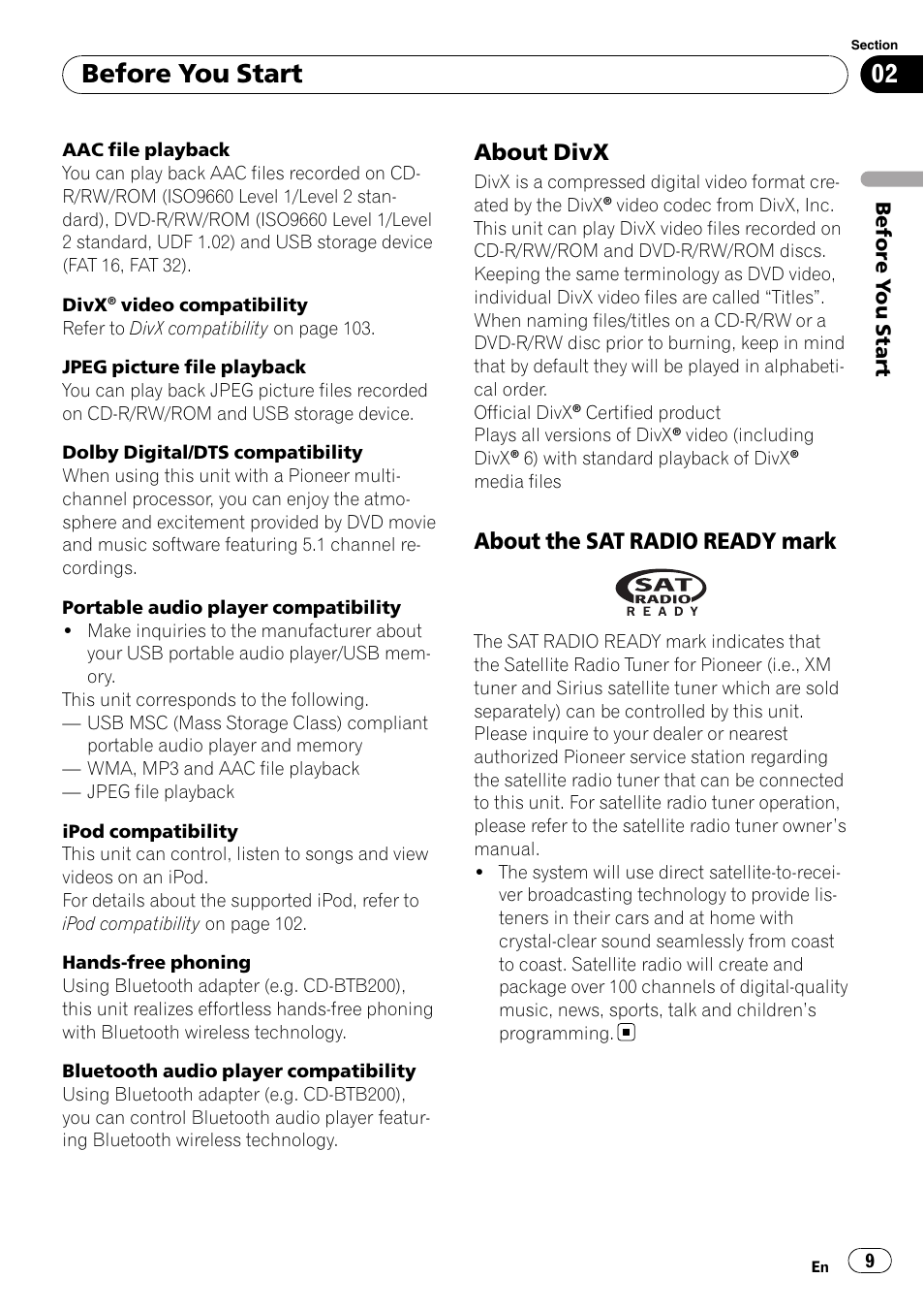 Before you start, About divx, About the sat radio ready mark | Pioneer AVH-P4100DVD User Manual | Page 9 / 116