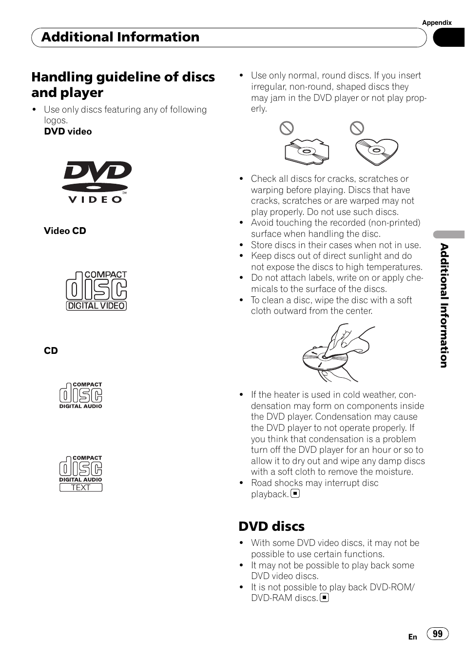 Handling guideline of discs and player 99, Handling guideline of discs and player, Dvd discs | Additional information | Pioneer AVH-P4100DVD User Manual | Page 99 / 116