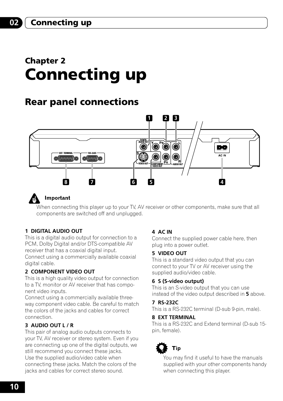 Rear panel connections, Connecting up | Pioneer DVD-V5000 User Manual | Page 10 / 80