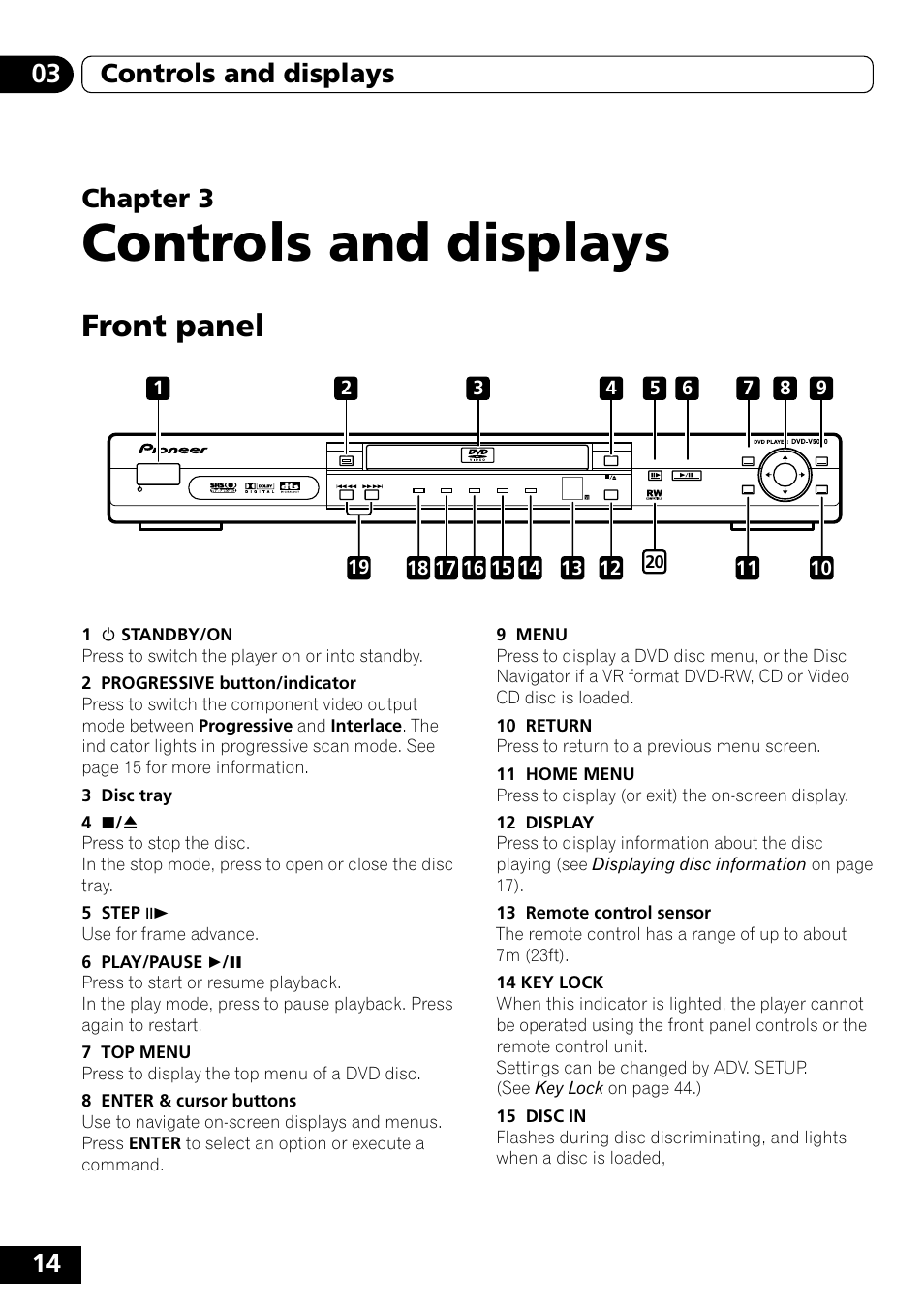 Front panel, Controls and displays | Pioneer DVD-V5000 User Manual | Page 14 / 80