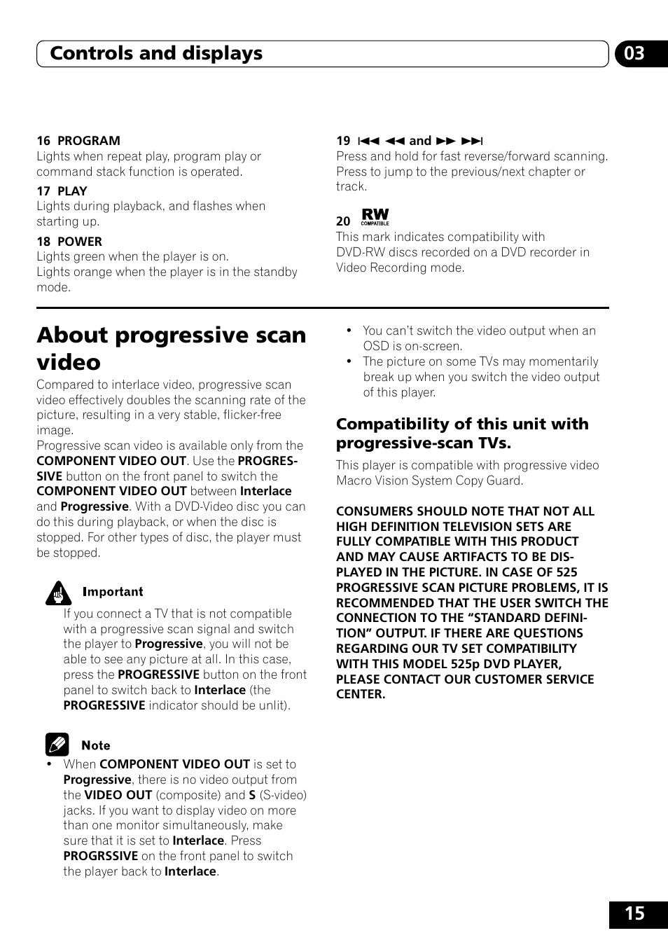 About progressive scan video, 15 03 controls and displays | Pioneer DVD-V5000 User Manual | Page 15 / 80