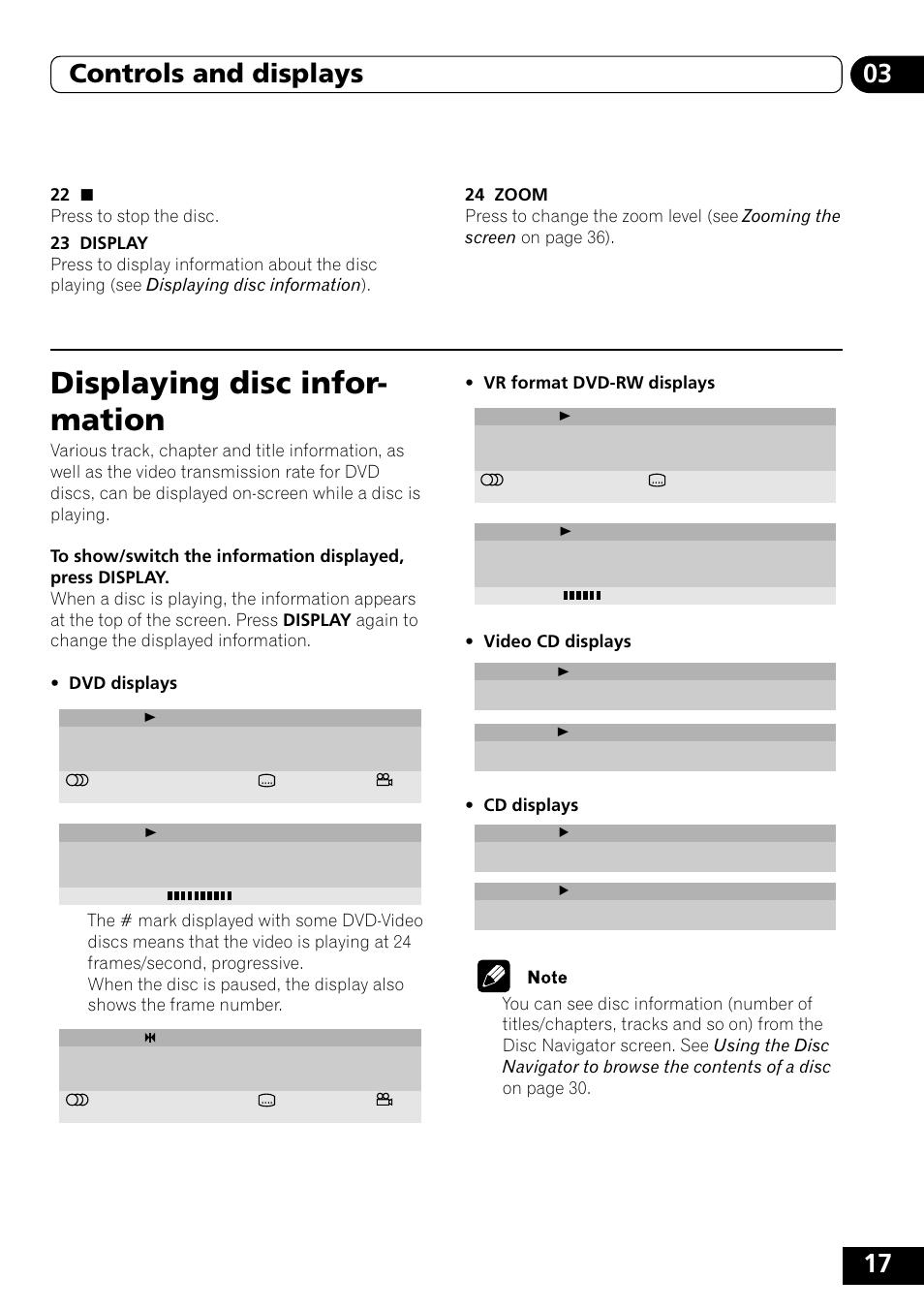 Displaying disc information, Displaying disc infor- mation, 17 03 controls and displays | Vr format dvd-rw displays, Video cd displays, Cd displays | Pioneer DVD-V5000 User Manual | Page 17 / 80