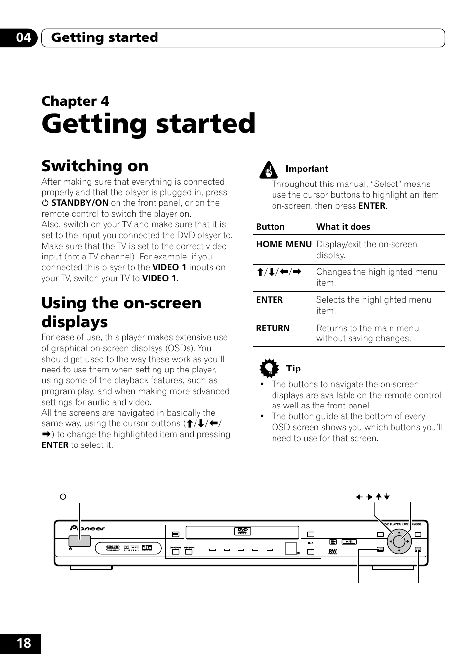 Switching on, Using the on-screen displays, Getting started | Pioneer DVD-V5000 User Manual | Page 18 / 80