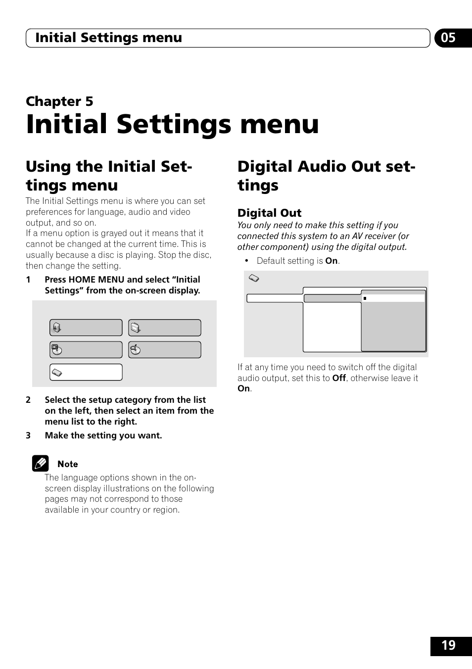 Using the initial settings menu, Digital audio out settings, Digital out | Initial settings menu, Using the initial set- tings menu, Digital audio out set- tings | Pioneer DVD-V5000 User Manual | Page 19 / 80