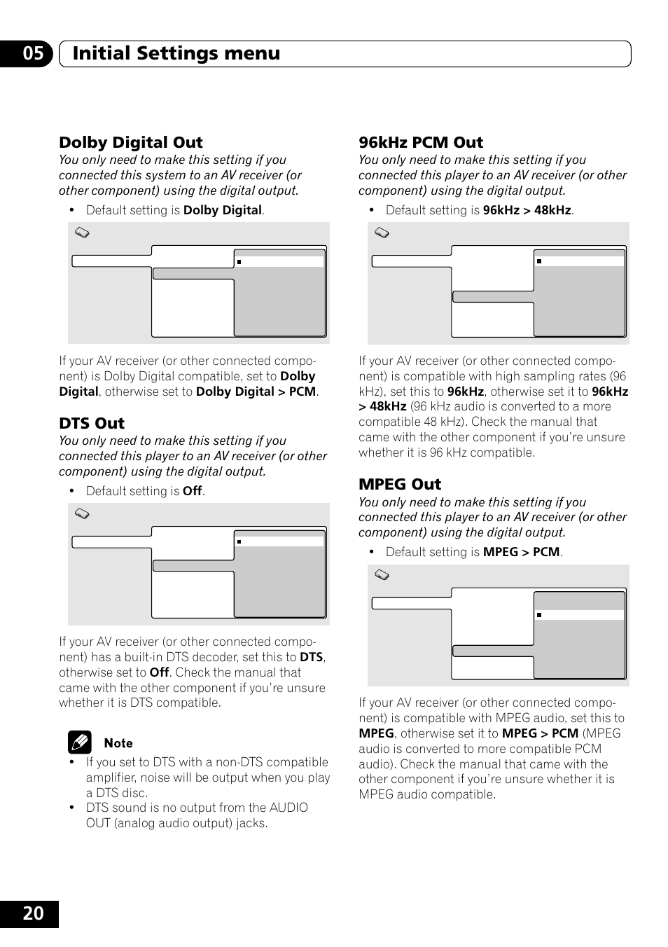 Dolby digital out, Dts out, 96khz pcm out | Mpeg out, 20 05 initial settings menu | Pioneer DVD-V5000 User Manual | Page 20 / 80