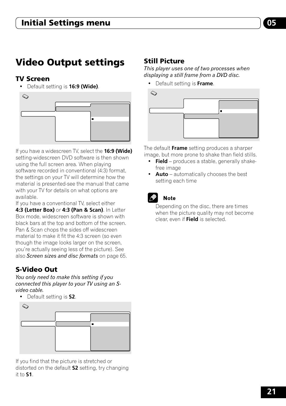 Video output settings, Tv screen, S-video out | Still picture, 21 05 initial settings menu | Pioneer DVD-V5000 User Manual | Page 21 / 80