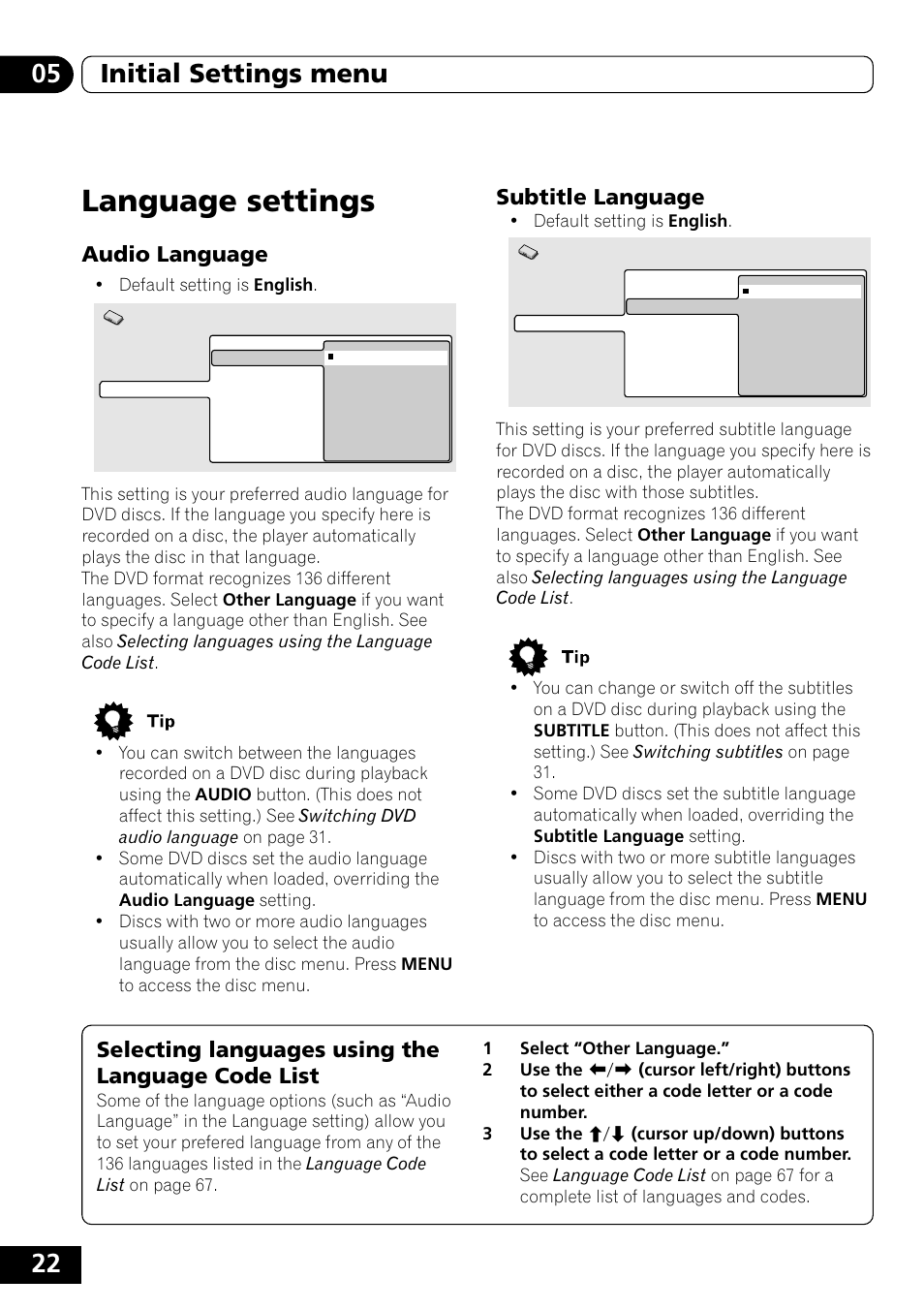 Language settings, Audio language, Subtitle language | Selecting languages using the, Language code list, 22 05 initial settings menu, Selecting languages using the language code list | Pioneer DVD-V5000 User Manual | Page 22 / 80