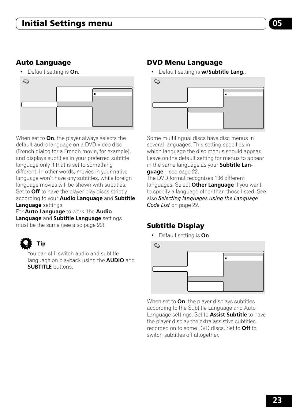 Auto language, Dvd menu language, Subtitle display | 23 05 initial settings menu | Pioneer DVD-V5000 User Manual | Page 23 / 80