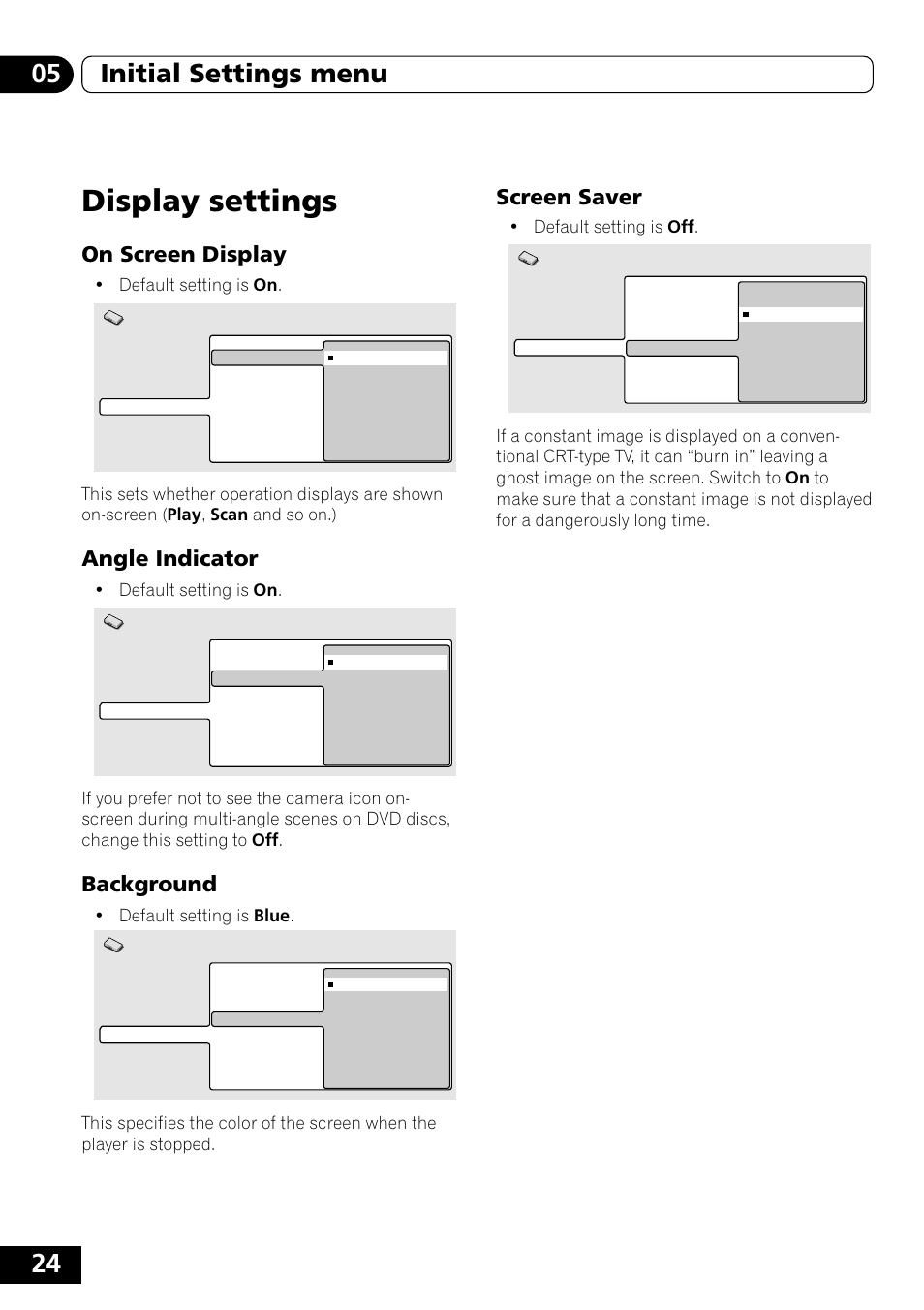Display settings, On screen display, Angle indicator | Background, Screen saver, 24 05 initial settings menu, Default setting is on, Default setting is blue, Default setting is off | Pioneer DVD-V5000 User Manual | Page 24 / 80