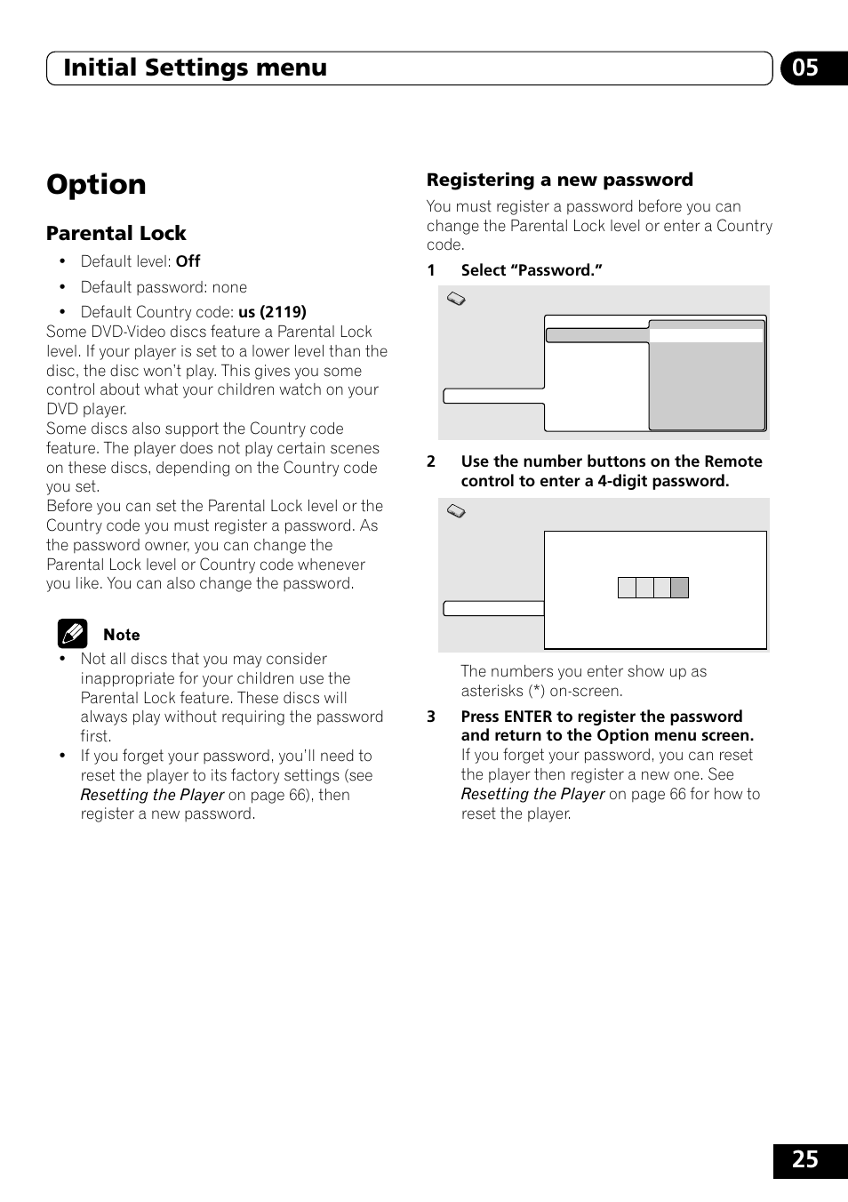 Option, Parental lock, 25 05 initial settings menu | Registering a new password | Pioneer DVD-V5000 User Manual | Page 25 / 80
