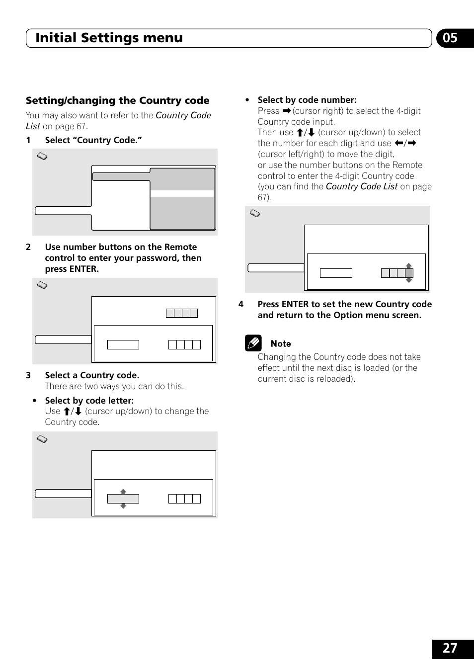 27 05 initial settings menu, Setting/changing the country code | Pioneer DVD-V5000 User Manual | Page 27 / 80