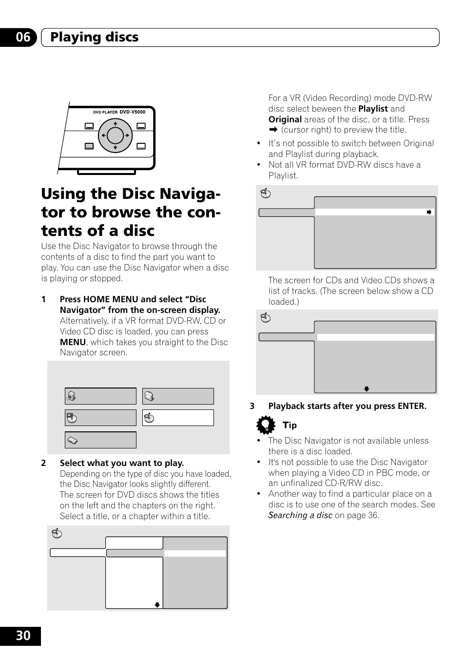 Using the disc navigator to browse, The contents of a disc, 30 06 playing discs | Pioneer DVD-V5000 User Manual | Page 30 / 80