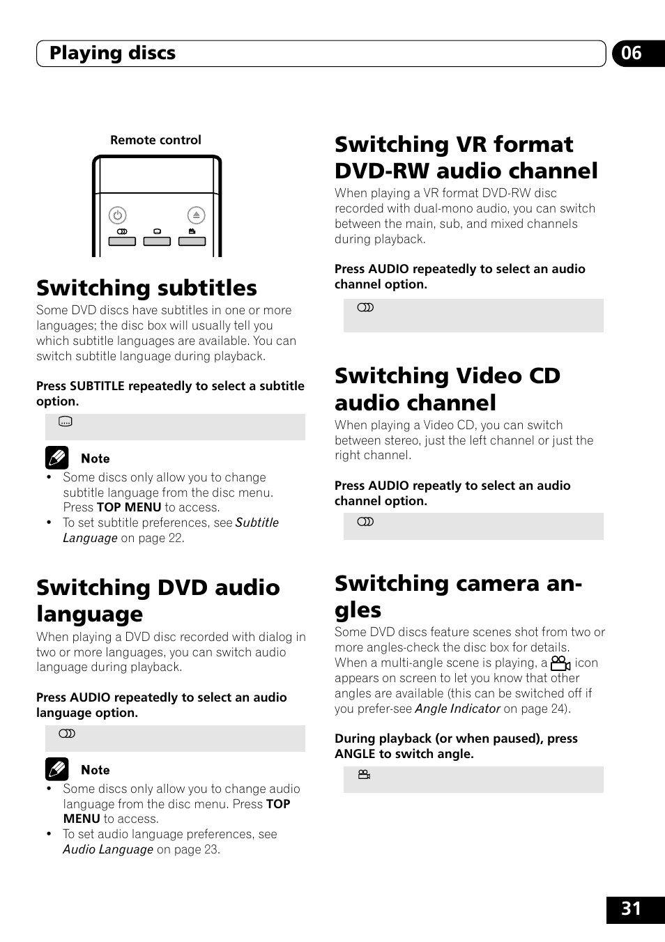 Switching subtitles, Switching dvd audio language, Switching vr format dvd-rw audio | Channel, Switching video cd audio channel, Switching camera angles, Switching vr format dvd-rw audio channel, Switching camera an- gles, 31 06 playing discs | Pioneer DVD-V5000 User Manual | Page 31 / 80