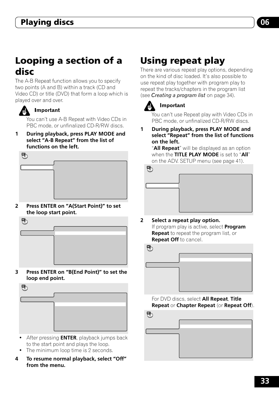 Looping a section of a disc, Using repeat play, 33 06 playing discs | Pioneer DVD-V5000 User Manual | Page 33 / 80