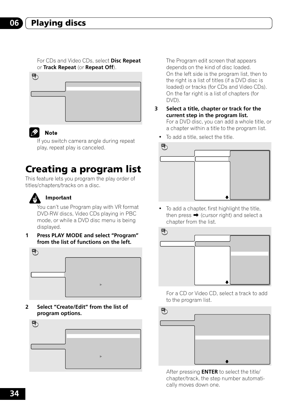 Creating a program list, 34 06 playing discs | Pioneer DVD-V5000 User Manual | Page 34 / 80