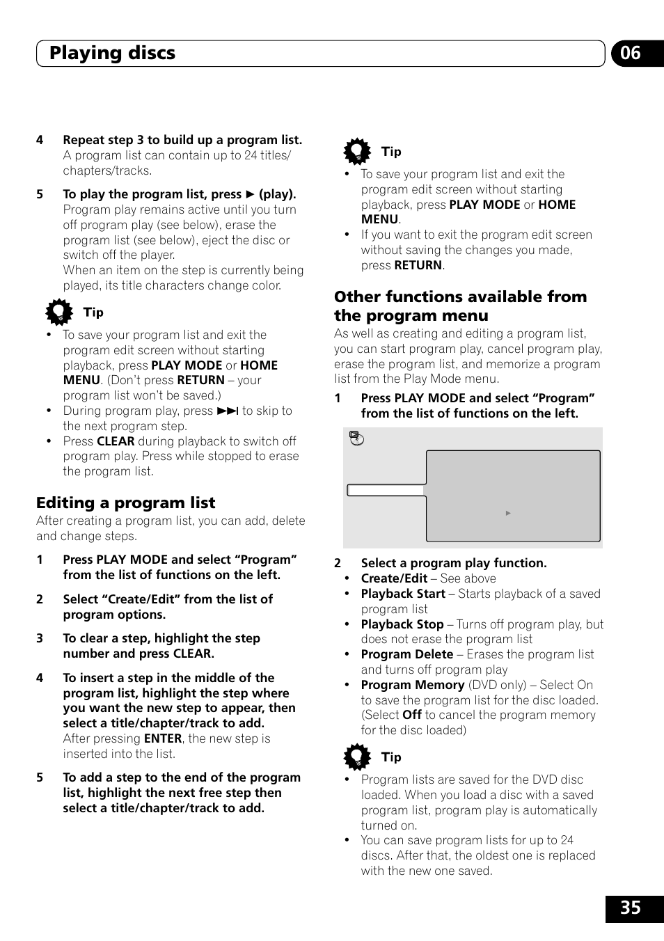 Editing a program list, Other functions available from the, Program menu | 35 06 playing discs, Other functions available from the program menu | Pioneer DVD-V5000 User Manual | Page 35 / 80