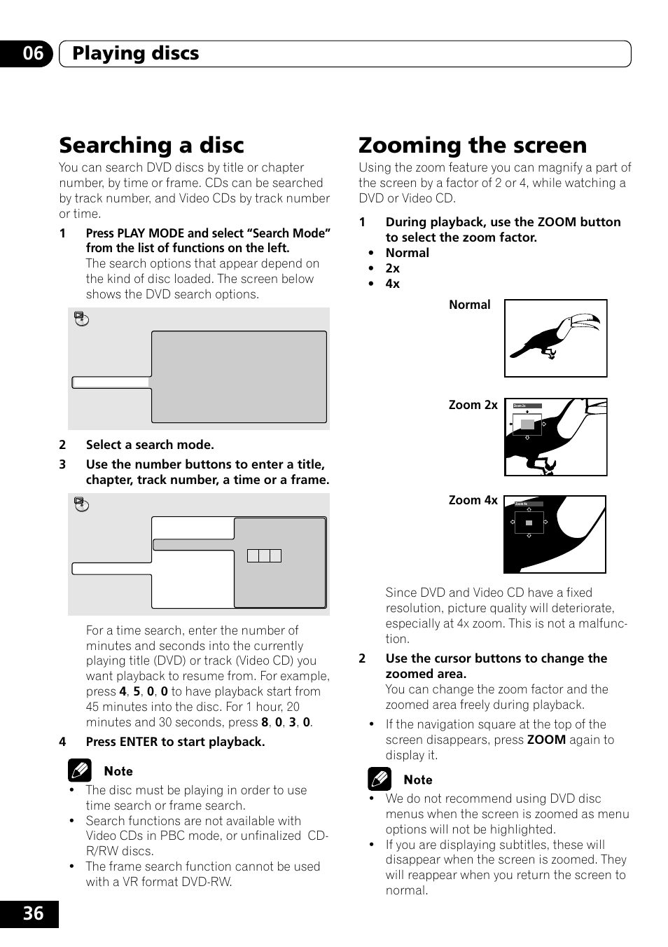 Searching a disc, Zooming the screen, 36 06 playing discs | Pioneer DVD-V5000 User Manual | Page 36 / 80