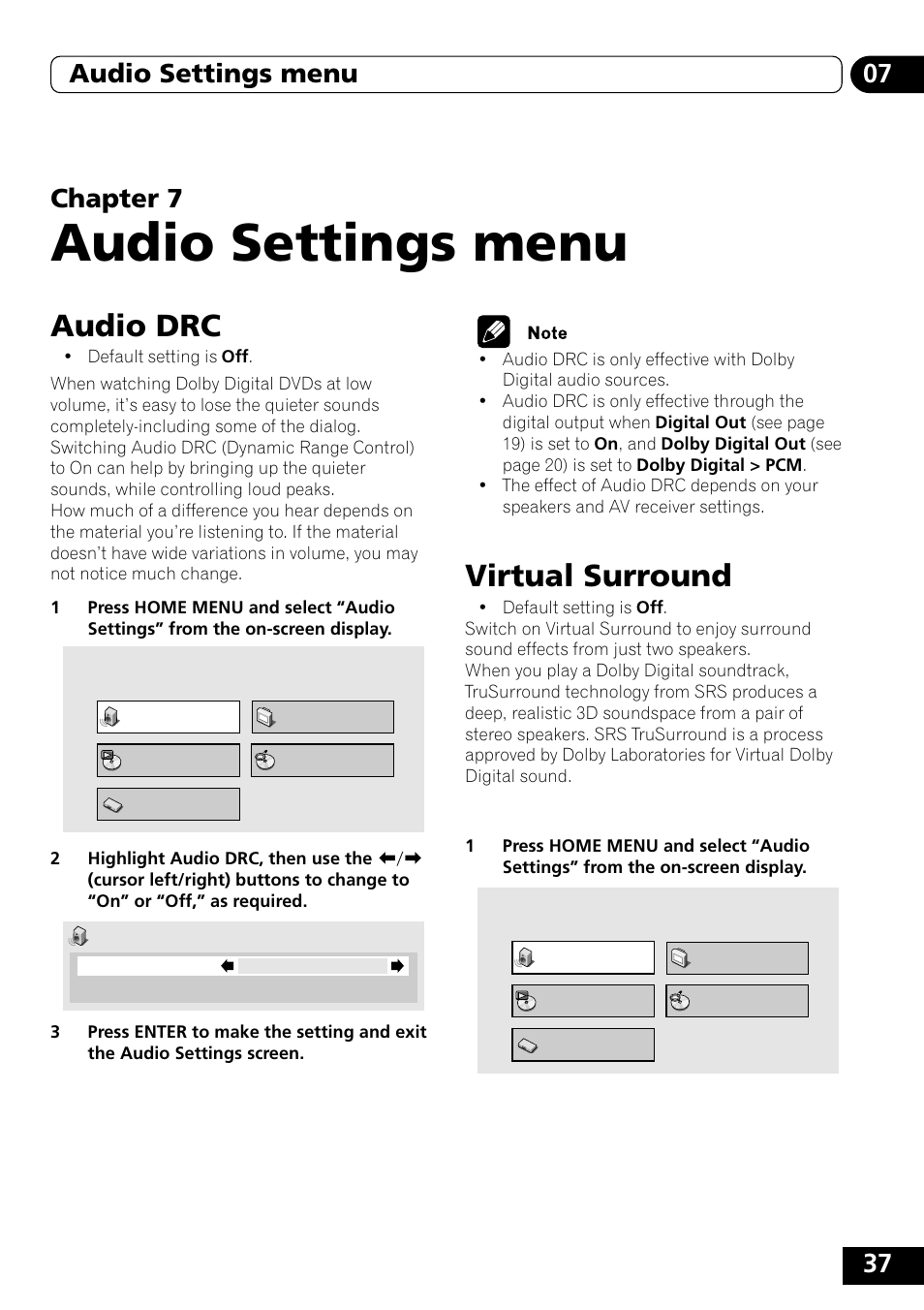 Audio drc, Virtual surround, Audio settings menu | Pioneer DVD-V5000 User Manual | Page 37 / 80