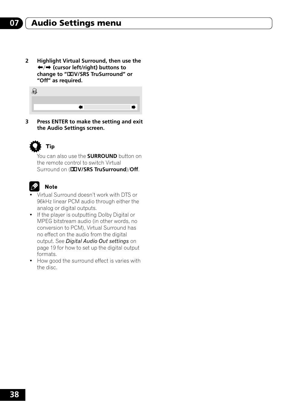 38 07 audio settings menu | Pioneer DVD-V5000 User Manual | Page 38 / 80