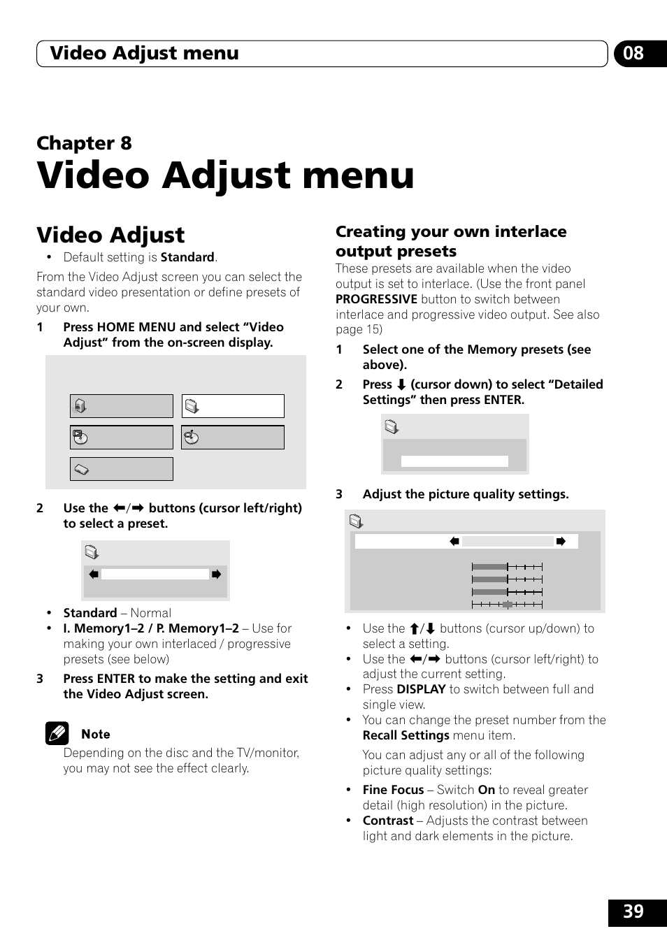 Video adjust, Creating your own interlace output, Presets | Video adjust menu, Creating your own interlace output presets | Pioneer DVD-V5000 User Manual | Page 39 / 80