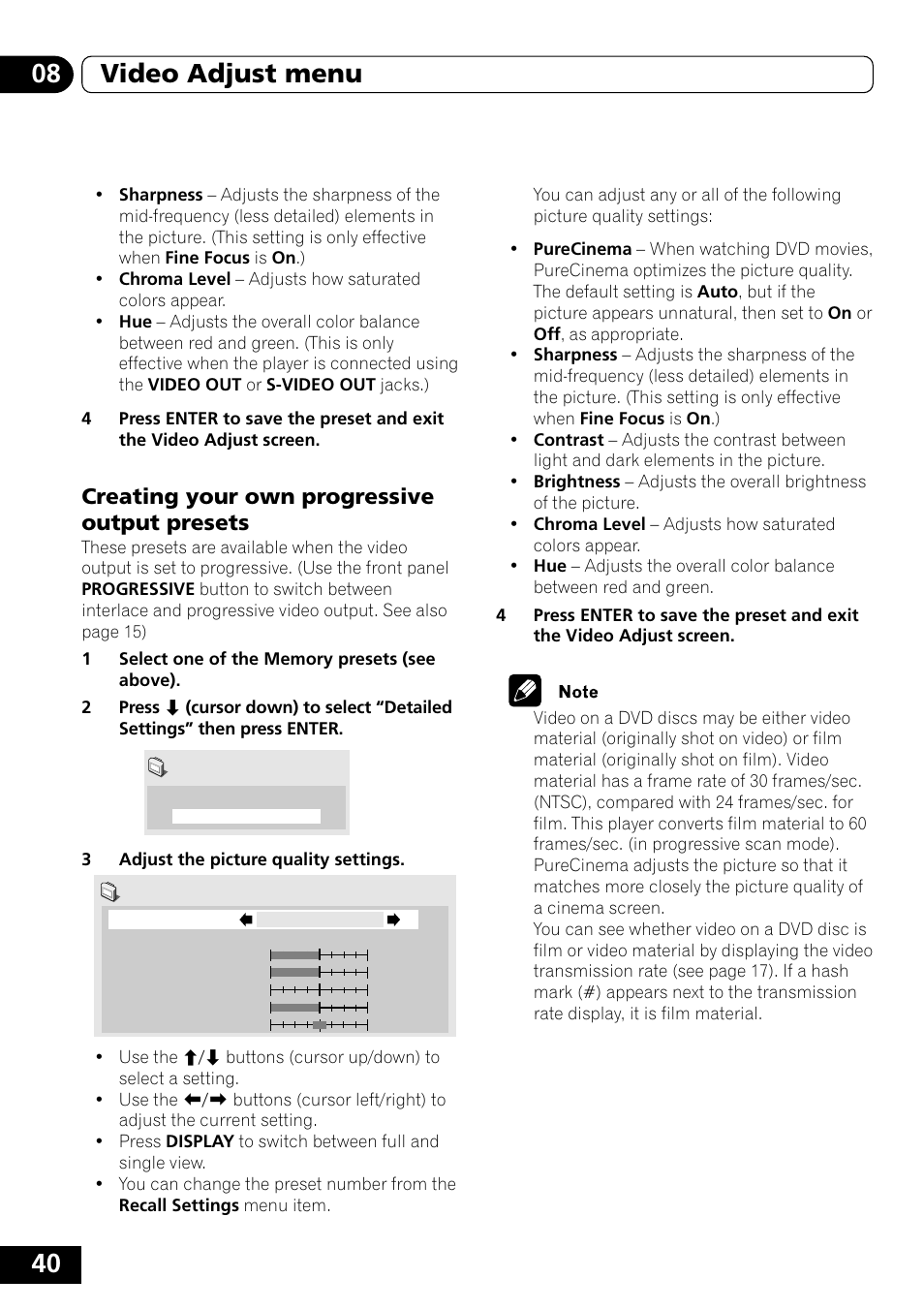 Creating your own progressive output, Presets, 40 08 video adjust menu | Creating your own progressive output presets | Pioneer DVD-V5000 User Manual | Page 40 / 80